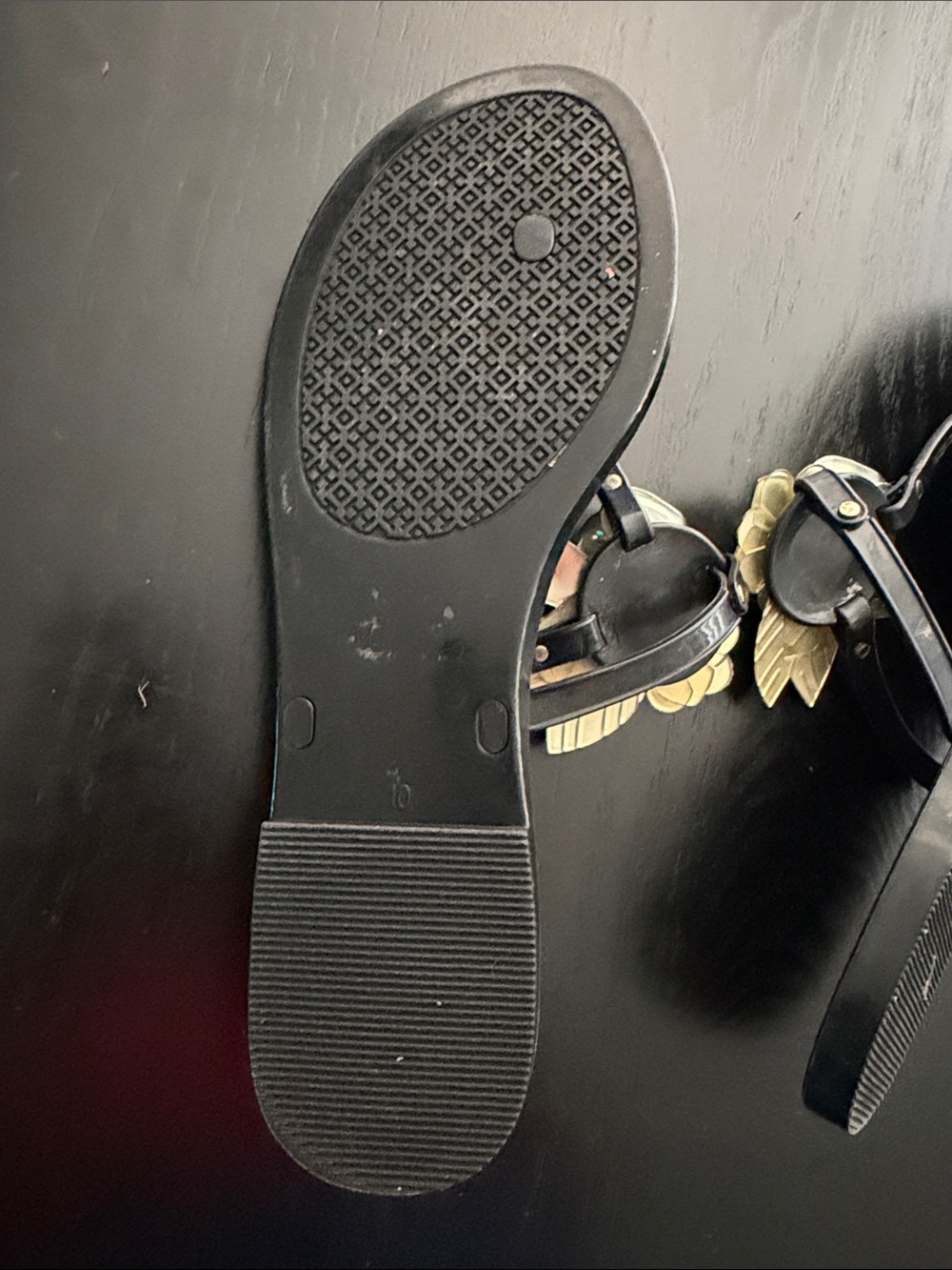 Tory Burch - Black Jelly Thong Sandals with Gold Floral Accents - Picture 4 of 5
